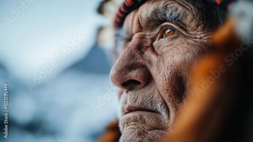 An old man, dressed in colorful tribal attire, looks pensively across a frozen landscape, capturing a narrative of timeless wisdom amidst the natural world.