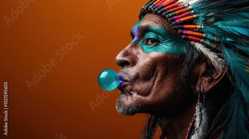 The side-profile captures a traditional headdress and vivid face paint, blending cultural heritage with a modern element of bubblegum artistry. photo