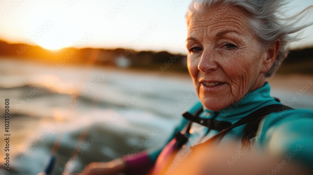 The image displays an older woman with wind-swept hair, smiling while kiteboarding at sunset, beautifully showcasing her adventurous and spirited nature. The image displays an older woman with wind-swept hair, smiling while kiteboarding at sunset, beautifully showcasing her adventurous and spirited nature.