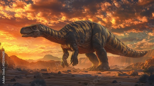 A Iguanodon standing tall, its thumb spikes visible as it prepares to defend itself, the dramatic colors of the sunset creating a striking backdrop in the desert.