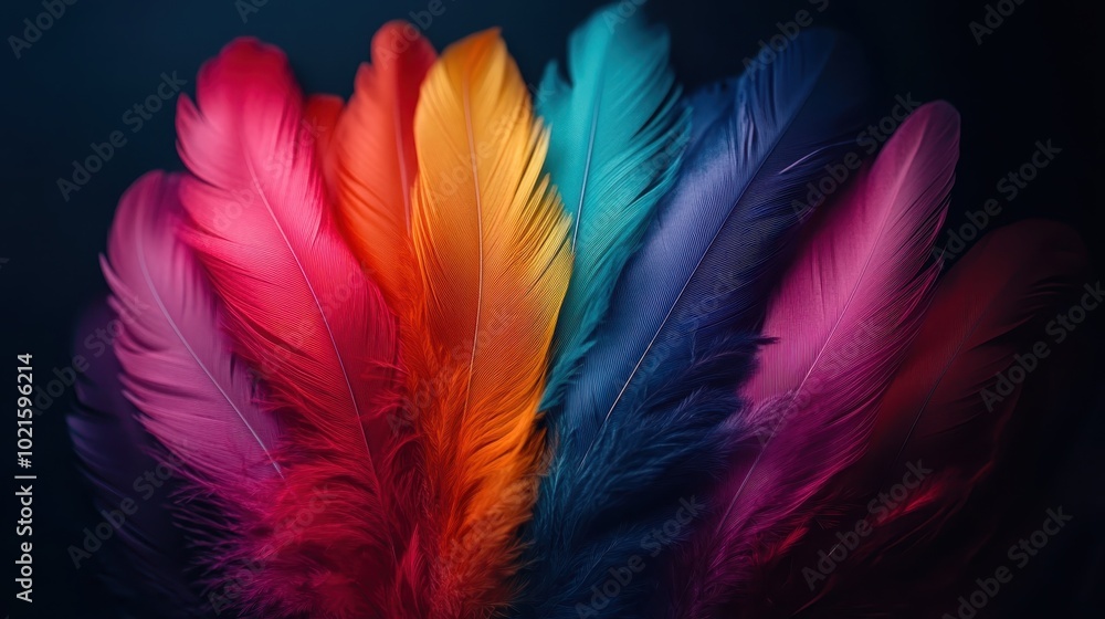 A stunning set of multihued feathers against a dark, rich backdrop, displaying shades of red, orange, blue, and purple, exuding vibrancy and artistic flair. A stunning set of multihued feathers against a dark, rich backdrop, displaying shades of red, orange, blue, and purple, exuding vibrancy and artistic flair.
