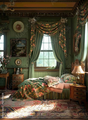 Vintage Floral Bedroom Interior Design Illustration