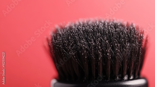 A detailed close-up of a makeup brush set against a bold pink backdrop, highlighting the fine bristles and texture amidst the striking color contrast.