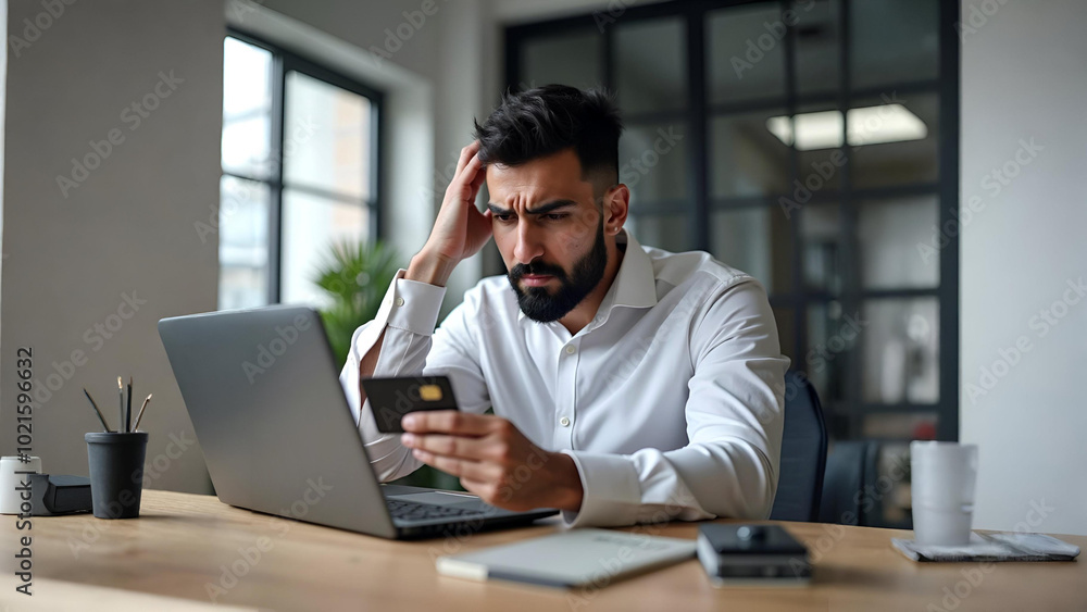 Frustrated Young Man at Desk with Laptop and Credit Card Frustrated Young Man at Desk with Laptop and Credit Card