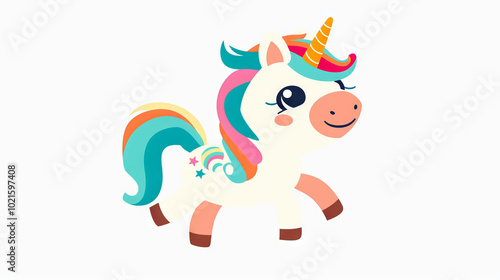 Colorful Cartoon Unicorn with Rainbow Horn and Butterfly Decorations. Concept of Fantasy, Magic, Children's Imagination, Dreamlike Creatures. Digital illustration