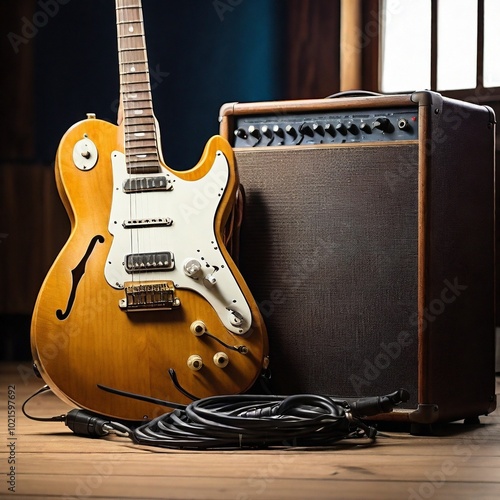 guitar leaning against a classic amplifier, cables coiled neatly, on a wooden stage floor.