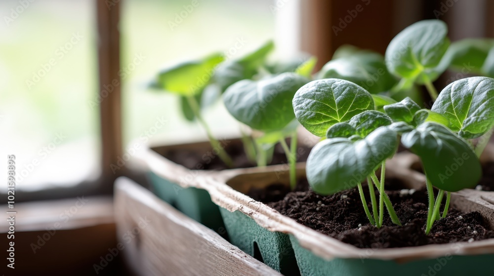 Plants thrive in biodegradable trays on a windowsill, symbolizing sustainable living, growth, and the harmonious relationship between humans and the environment. Plants thrive in biodegradable trays on a windowsill, symbolizing sustainable living, growth, and the harmonious relationship between humans and the environment.