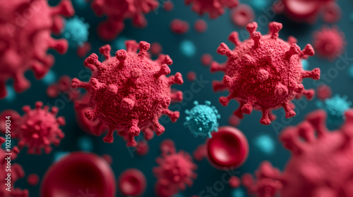 Microscopic view of red virus cells and pathogens in vibrant hues, highlighting the intricate structures of viruses and blood cells.