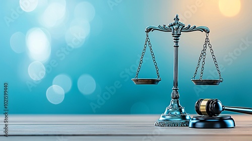 Scales of Justice and Gavel on Wooden Table.