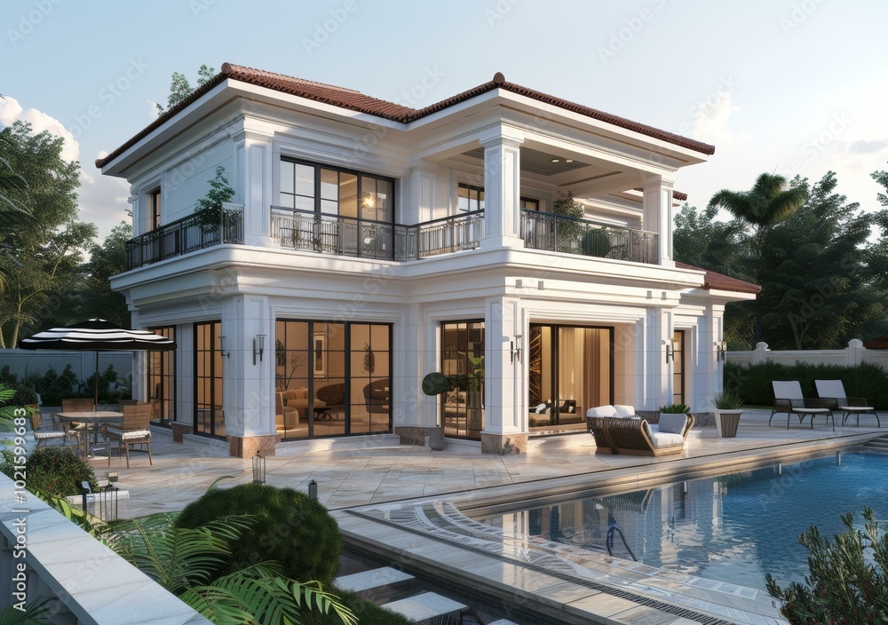 Fototapeta premium Luxury Mansion Exterior Design with Pool and Garden