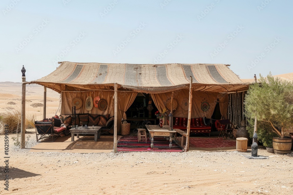 Bedouin tent is set up in the desert, providing shelter from the sun Bedouin tent is set up in the desert, providing shelter from the sun