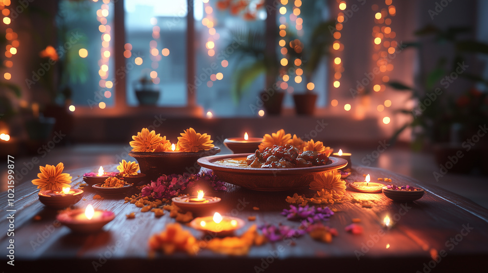 Diwali festival in the living room, a table with Indian food and flowers on it, lights around the house, beautiful home decor, cinematic, moody, warm colors. Diwali festival in the living room, a table with Indian food and flowers on it, lights around the house, beautiful home decor, cinematic, moody, warm colors.