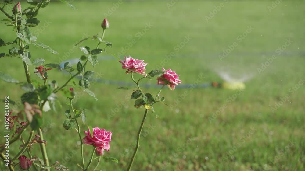 Watering flowers and lawn. Watering roses and grass on a sunny day, Taking care of the garden and flower beds Watering flowers and lawn. Watering roses and grass on a sunny day, Taking care of the garden and flower beds