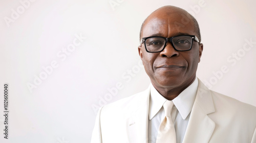 Confident African American man in his 50s wearing a white suit, standing against white background. Concept of businessman, professionalism, elegance, leadership, business, and authority. Copy space