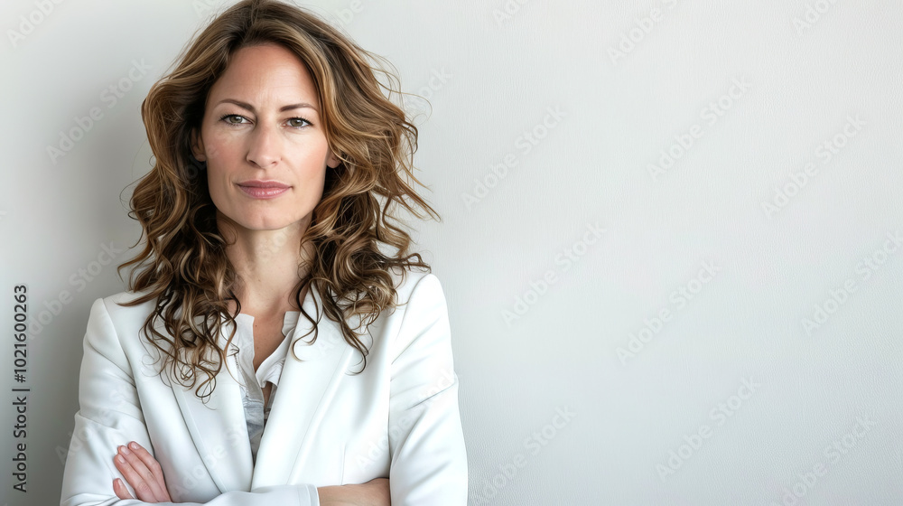 Confident Caucasian Woman in White Business Suit. Concept of Professionalism, Modern Business Attire, Strong Leadership. White background. Copy space Confident Caucasian Woman in White Business Suit. Concept of Professionalism, Modern Business Attire, Strong Leadership. White background. Copy space