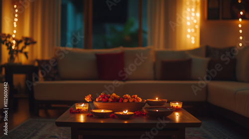 Diwali festival in the living room, a table with Indian food and flowers on it, lights around the house, beautiful home decor, cinematic, moody, warm colors. photo