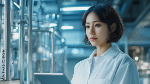 A petite East Asian female engineer with short hair, using a tablet to check design specs in a clean industrial plant