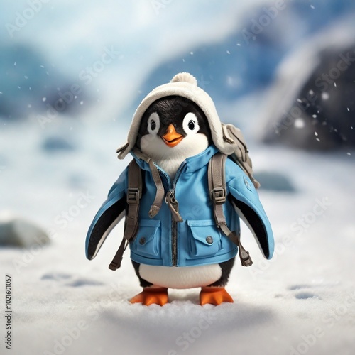  A playful penguin wearing a tiny backpack, waddling through the snow, ready for an arctic adventure. photo