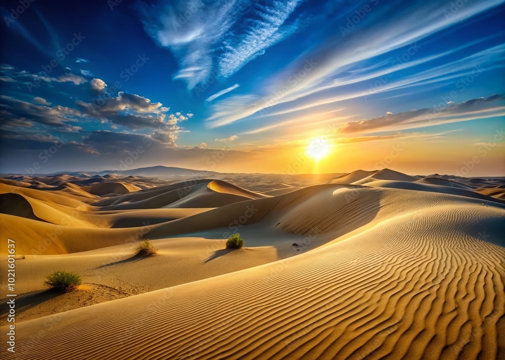 Naklejka premium Vast and Serene Landscape of the Iraq Desert with Sand Dunes and Clear Blue Sky at Sunset