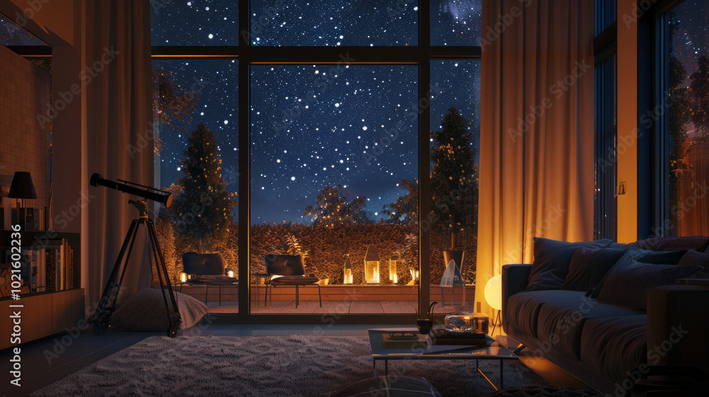 Starry Night View from Cozy Modern Home with Telescope by Large Window Concept of Stargazing, Modern Living, and Tranquility Starry Night View from Cozy Modern Home with Telescope by Large Window Concept of Stargazing, Modern Living, and Tranquility