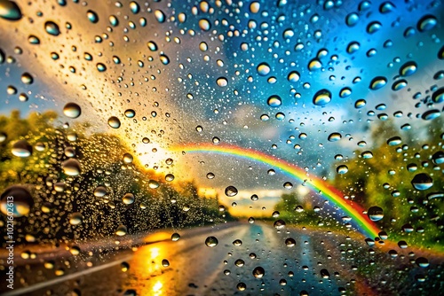 Raindrops on a car windshield during a sunny rain shower, with rainbow light reflections