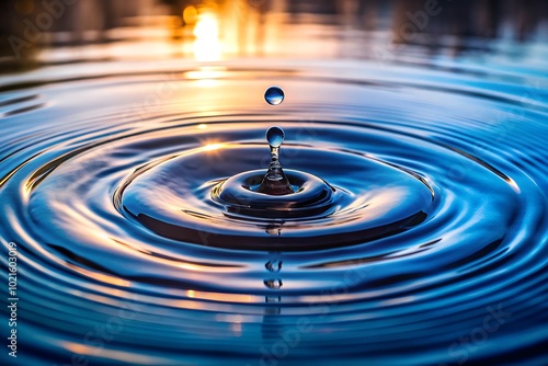 A slow-motion splash of water as a drop hits a calm pond, capturing concentric ripples spreading out