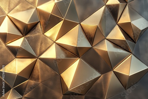 A gold-toned wall with a pattern of triangles, generative ai image