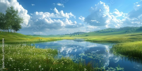 Summer Meadow Landscape with Pond Reflection