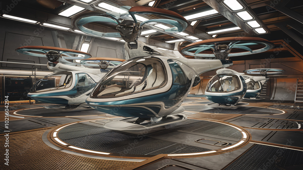 Futuristic Flying Vehicles in High-Tech Hangar Futuristic Flying Vehicles in High-Tech Hangar