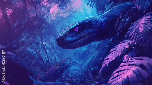 Surreal digital painting of a lush alien jungle with a giant snake-like creature lurking in the foreground. Alien Jungle. Illustration photo