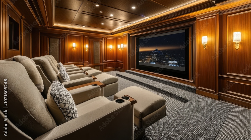Fototapeta premium A sophisticated mid-century home theater with plush reclining seats