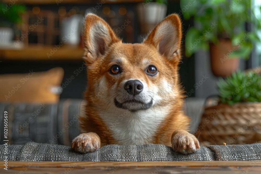 Corgi dog with alert ears and an attentive expression, sitting on a couch in a cozy home environment. Corgi dog with alert ears and an attentive expression, sitting on a couch in a cozy home environment.