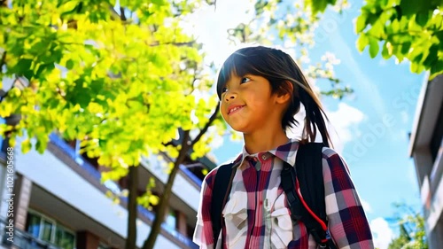 Japanese schoolgirl in uniform and schoolchildren go to school