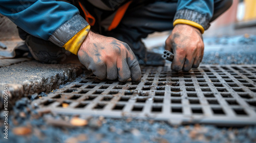 Worker installing a drainage grate at a construction site. Concept of infrastructure maintenance, urban water management, manual labor, and road construction