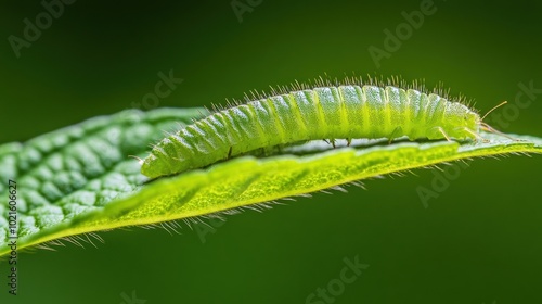 Green Caterpillar on Leaf in Lush Garden, AI