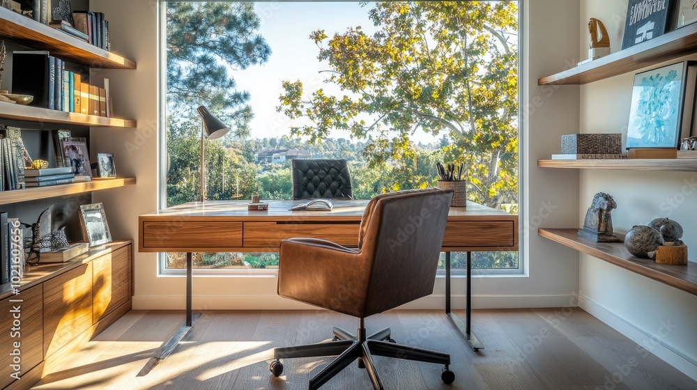A sophisticated mid-century home office with a sleek wooden desk A sophisticated mid-century home office with a sleek wooden desk
