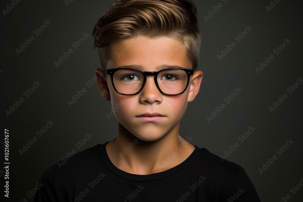 Portrait of a boy with glasses on a dark background. Studio shot. Portrait of a boy with glasses on a dark background. Studio shot.