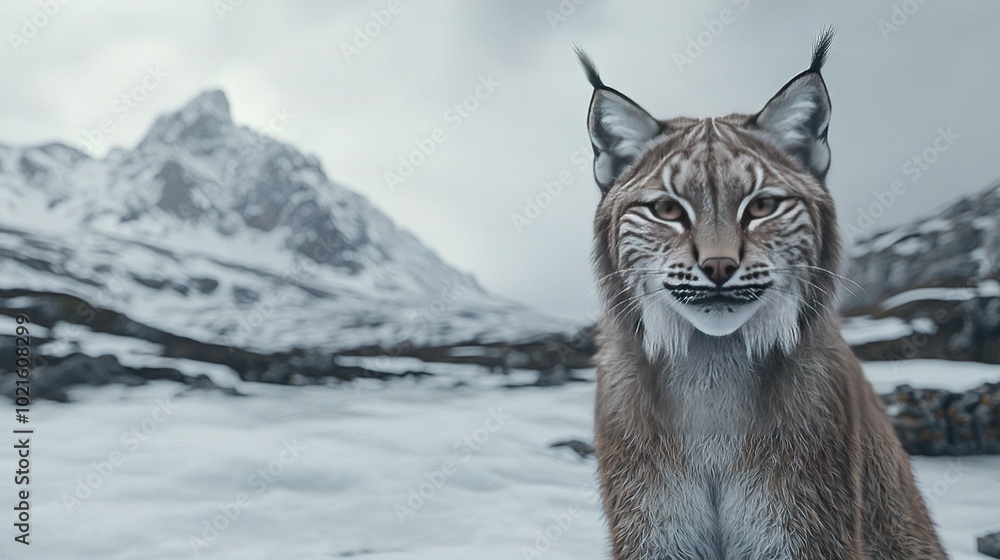 A Lynx in front of snowy mountains with rocky foreground in focus A Lynx in front of snowy mountains with rocky foreground in focus