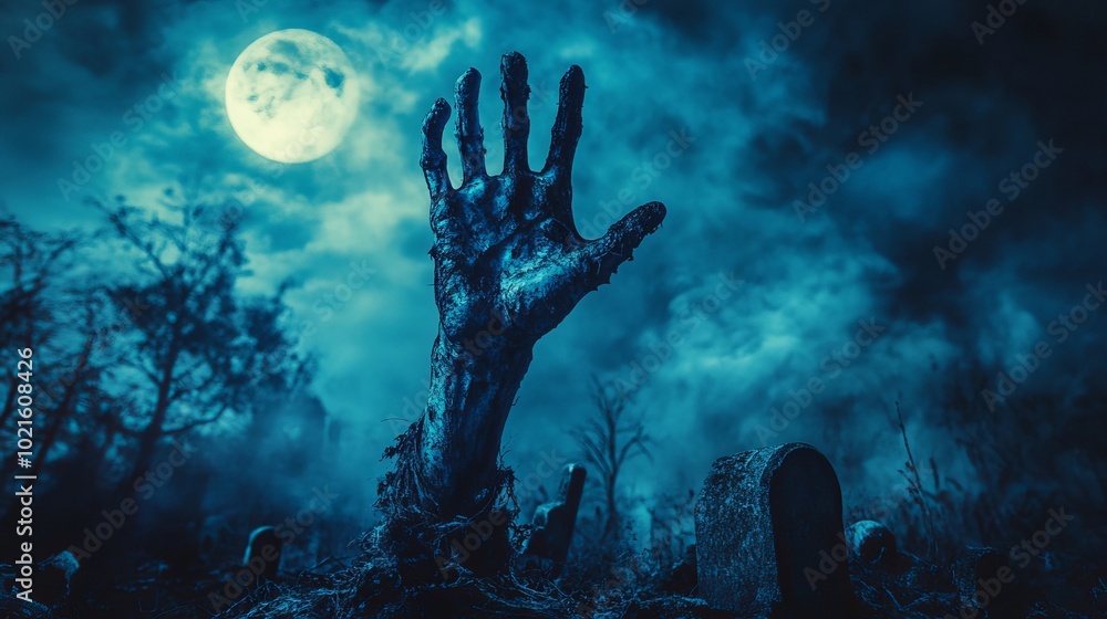 Obraz premium Halloween Zombie Hand Emerging From A Grave Yard.