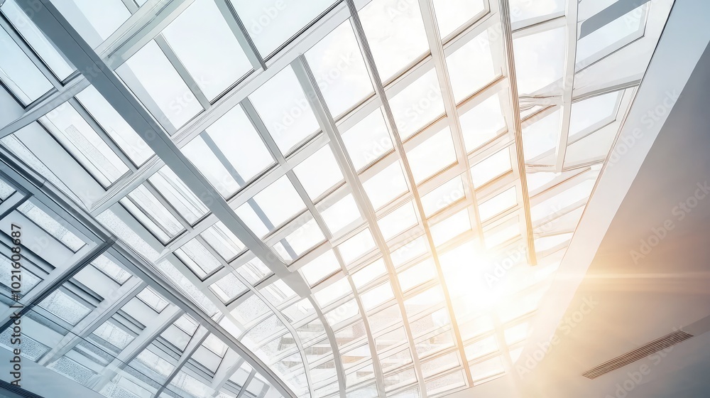 An architectural detail of a glass ceiling in a modern gallery space, with soft light filtering through to illuminate the art below An architectural detail of a glass ceiling in a modern gallery space, with soft light filtering through to illuminate the art below