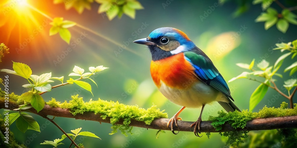 Vibrant Bird Perched on a Branch Surrounded by Lush Green Foliage in a Sunny Natural Setting Vibrant Bird Perched on a Branch Surrounded by Lush Green Foliage in a Sunny Natural Setting