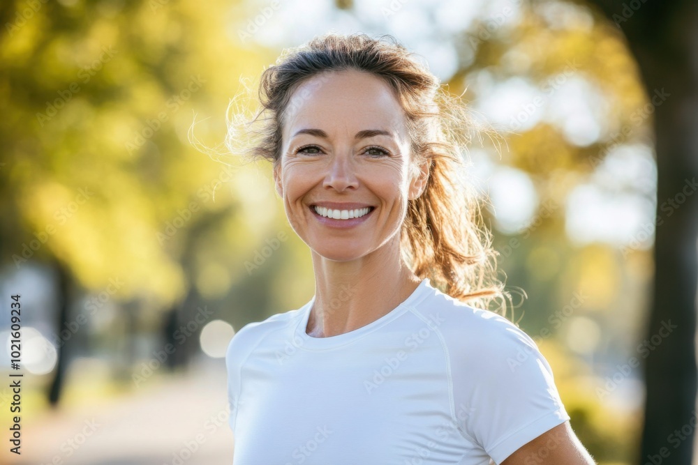 a smiling woman in a white t - shirt in a park a smiling woman in a white t - shirt in a park