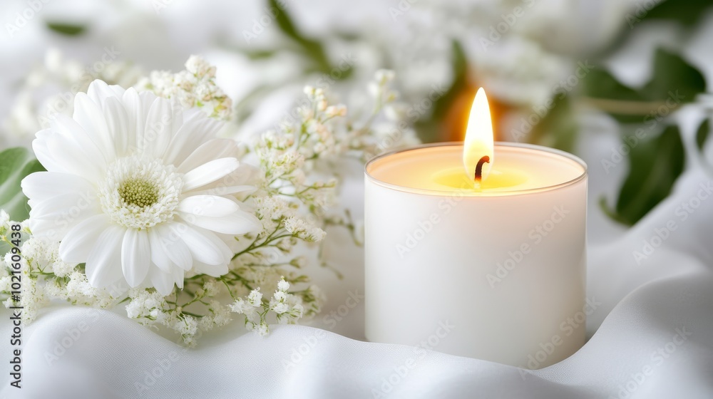 A memorial service announcement featuring a burning candle and white flowers. It includes space for an obituary, a list of those who have passed, and details about the funeral. A memorial service announcement featuring a burning candle and white flowers. It includes space for an obituary, a list of those who have passed, and details about the funeral.