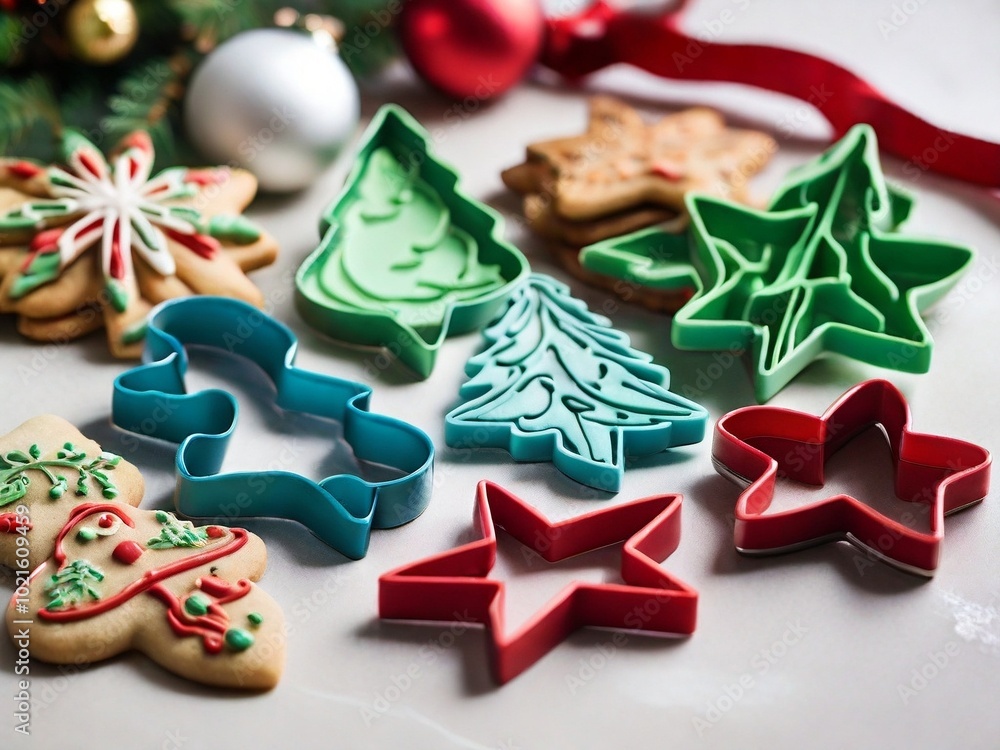 Cookie cutters with festive shapes, ready for creating seasonal treats and capturing the joy of holiday baking. Cookie cutters with festive shapes, ready for creating seasonal treats and capturing the joy of holiday baking.