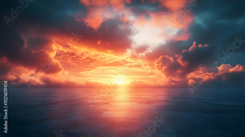 Fiery Sunset Sky Over Calm Ocean - Digital Illustration