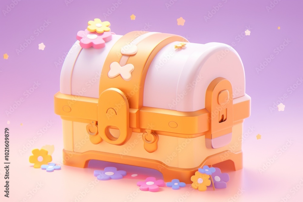 3D Rendered Golden Chest with Flowers and Stars 3D Rendered Golden Chest with Flowers and Stars