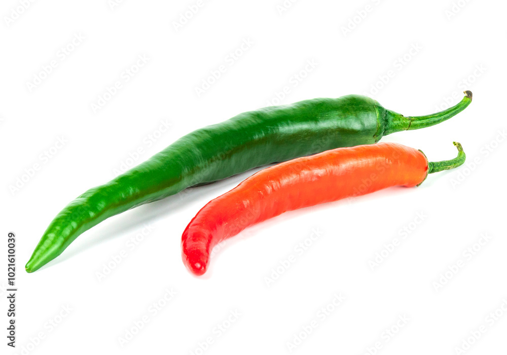A vibrant display of green and red chili peppers arranged side by side against a clean white backdrop A vibrant display of green and red chili peppers arranged side by side against a clean white backdrop