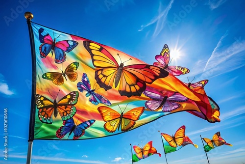 Vibrant Butterfly Flag Flapping in the Wind Against a Clear Blue Sky on a Bright Sunny Day