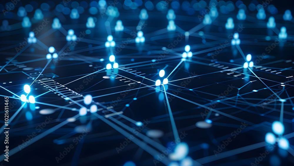 Abstract background with a social network concept, interconnected human icons on glowing connections in a dark blue color Abstract background with a social network concept, interconnected human icons on glowing connections in a dark blue color