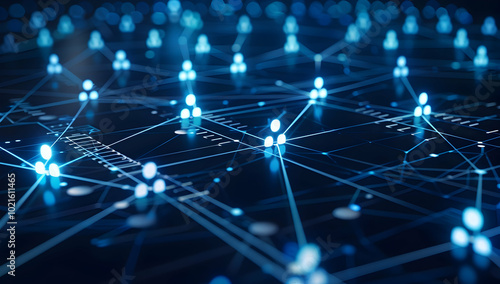 Abstract background with a social network concept, interconnected human icons on glowing connections in a dark blue color